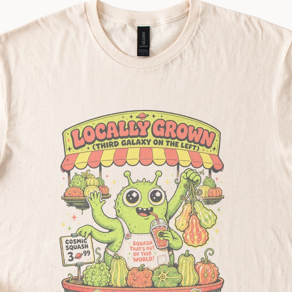 Cosmic Squash Alien Farmer Graphic Tee Retro Cartoon Design